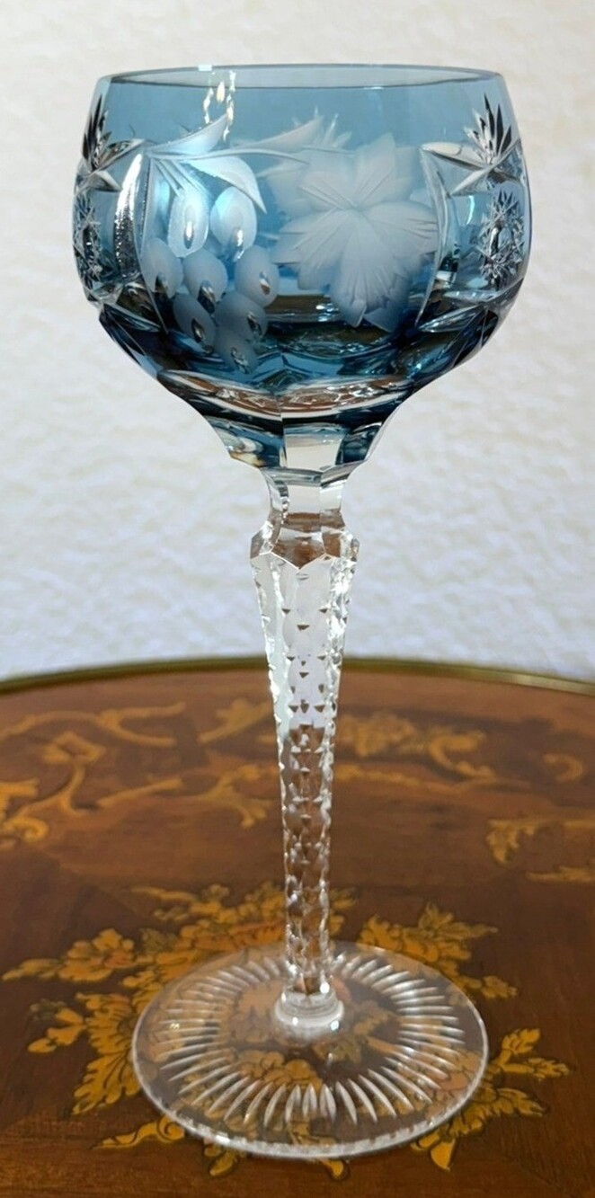 AJKA Marsala Blue Cut to Clear Crystal Hock Wine Glass Grapes Hungary 8.25"